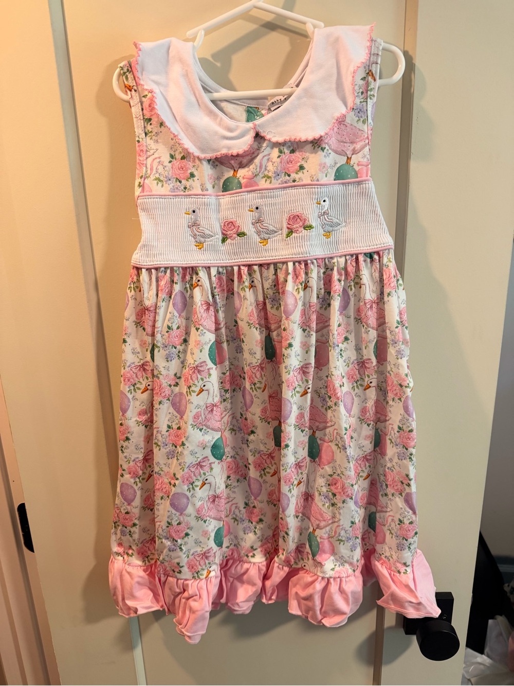 Girls Pink Floral Smocked Dress with Peter Pan Collar